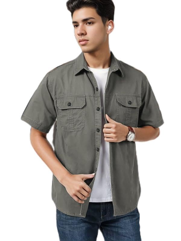 SHIENZY Men's Regular Fit Solid Printed Cotton Casual Shirt || Half Sleeve, Double Pocket || Denim Jacket Style Fashionable Western Outfit (1652_SHZ_Gry_S)