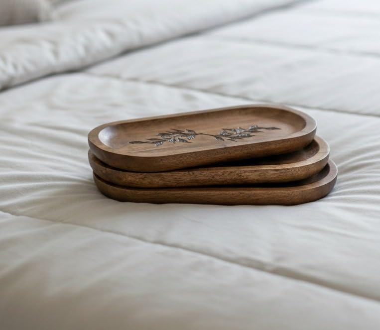 Image of Wooden Jewelry Tray, Oval Shape, L x B x H = 10 x 5 x 0.5 Inch Floral Design, Natural Wood Finish, Organizer for Rings, Necklaces, Earrings And Snacks Serving (Leaf 4)