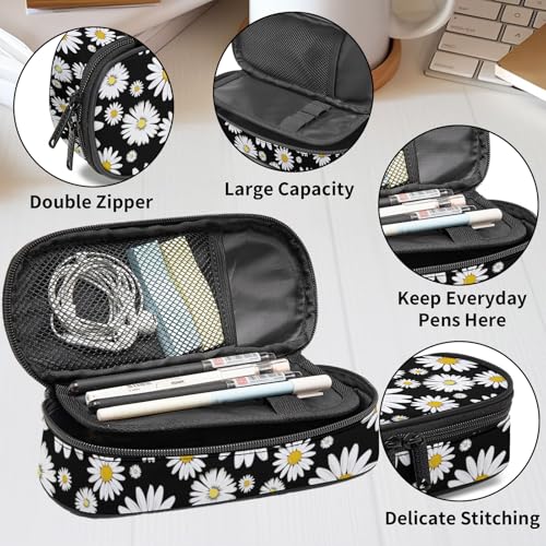 Image of Daisy Pencil Case for Boy Girl Teens, Big Capacity Black Pen Bag with Zipper, Organizer For Home Desk Office School Cosmetic Makeup Bag