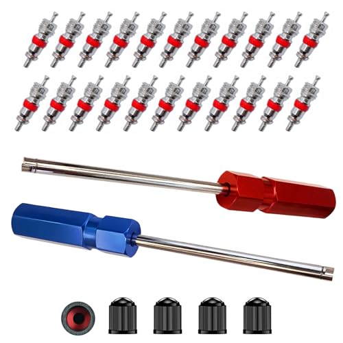 Valve Stem Removal Tool - Premium Metal Valve Tools, Single Heads Valve Core Remover, 20Pcs Valve Cores, 5Pcs Tire Valve Caps, Valve Core Remover Tool,Great Tire Valve Tool for Schrader Valve Cores