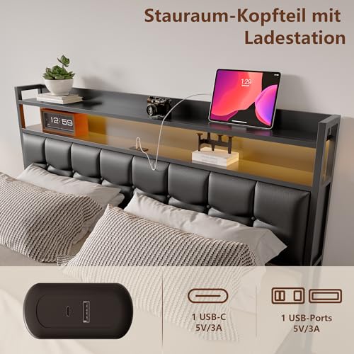 PerGar Bett 140x200 mit LED und USB, Polsterbett mit Hydraulisch stauraum, Kopfteil mit Stauraum, Doppelbett, Stauraumbett, Bettgestell, Lattenrost, schwarz, PU-Leder, Ohne Matratze