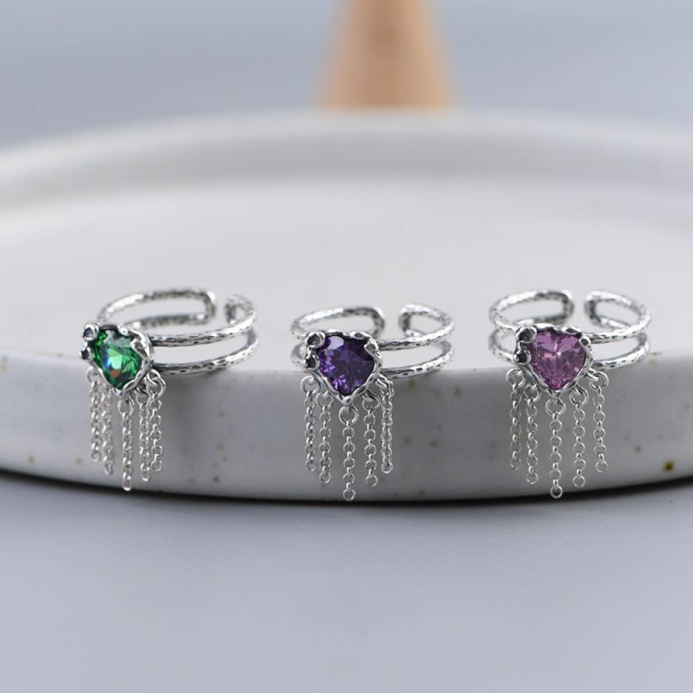 Anello In Argento 925 Da Donna,S925 Anello In Argento Sterling A Forma Di Cuore Con Zircone Verde Anelli Regolabili Anello Per Dito Indice A Doppio Strato Anello In Argento Con Ciondolo Per Matrimon