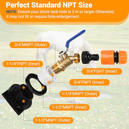 Image of Stock Tank Plug Kit for Rubbermaid 50、70、150、100, 300 Gallon Stock Tank ≥ 2 in Holes Stock Tank Plug Replacement, and 1-1 /4 inch x 3 /4 inch Adapter with 3 /4 inch Brass Hose Faucet Garden Hose Connector