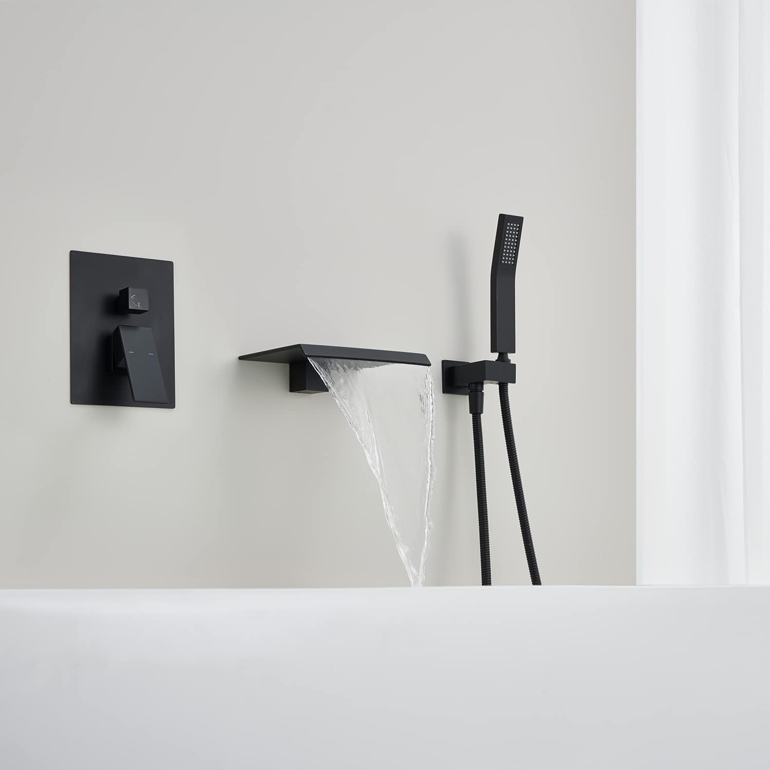 Wowkk Grifo romano bañera pared cascada negro monomando latón ducha mano