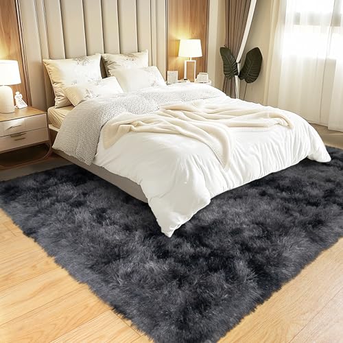 KING DARE Area Rugs 4x6 Rug for Bedroom, Fluffy Washable 4 x 6 Dorm Rugs, Plush Fuzzy Shaggy Furry Non-Slip Modern Soft Carpet for Living Room Playroom Kids Room Aesthetic Rug, Black and Dark Gray