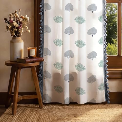 Image of Urban Space 100% Cotton Curtains 8 feet for Long Door, 60-65% Room Darkening Decorative Curtains 8 feet Long Set of 2 with Stainless Steel Rings and TieBack (Trees Green, Door - 8ft x 4ft)