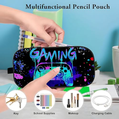 Image of WOBAGMEN Double Layer Pencil Case with Handle Large Pencil Bag Cute Print Pencil Pouch for Boys Girls (Gaming)