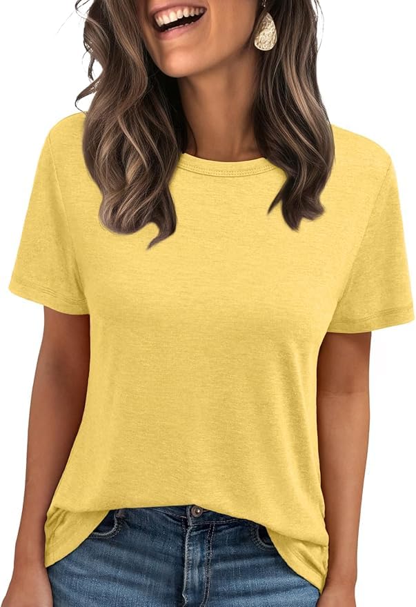 Cuptacc Tshirt Damen Sommer Shirt Damen Kurzarm Rundhals Einfarbig Casual Basic Lässig Top Gelb Groß L 42-44