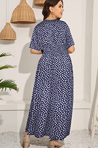 Image of OSTOO Women's Plus Size Hawaii Empire Waist Bat Short Sleeve Casual Floral Print Boho Maxi Dress