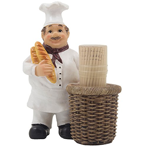 French Chef Pierre Decorative Toothpick Holder Figurine with Faux Wicker Basket Display Stand and Gourmet Bread Accents for Country Cottage Kitchen Decor As Collectible Housewarming Gifts by Home-n-Gifts