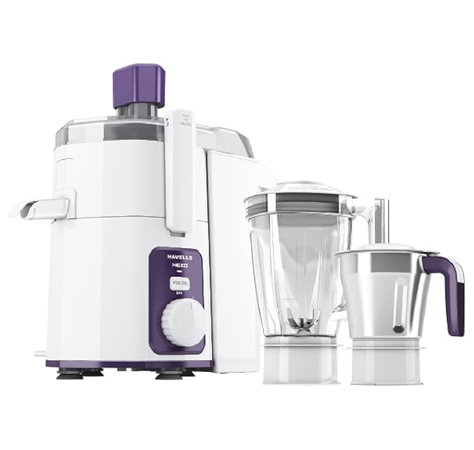 Havells Hexo 1000 watts 2 Jar Juicer Mixer Grinder with 2.5 Kg 100% Ball Bearing Copper Motor ,22000 RPM, 2Ltr Polycarbonate Jar, Metal Teeth Coupler & 2 Years Warranty (White & Purple) at Rs. 5900