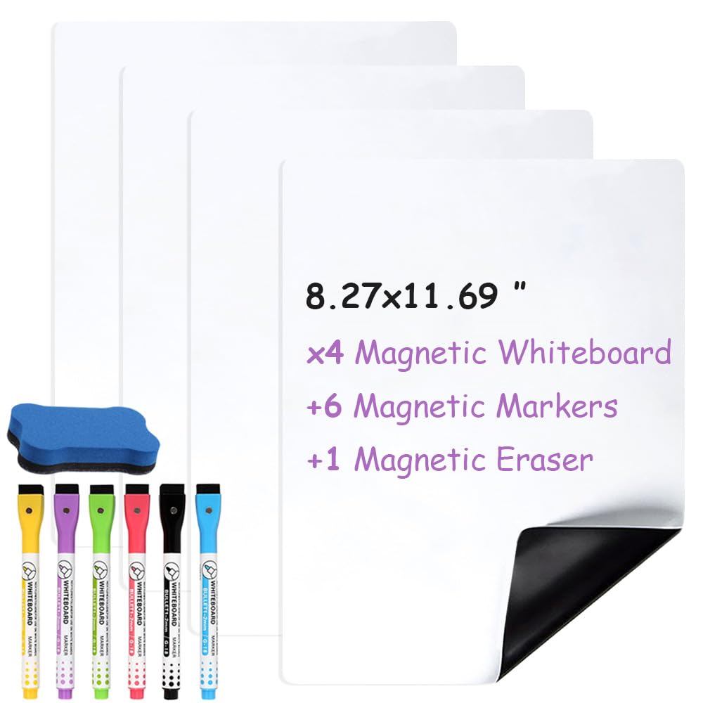 Magnetic Dry Erase Board Sheet for Fridge 4 PCS, 12"X8" Erasable Refrigerator Small Magnet WhiteBoard, Include 1 Eraser, 6 Markers