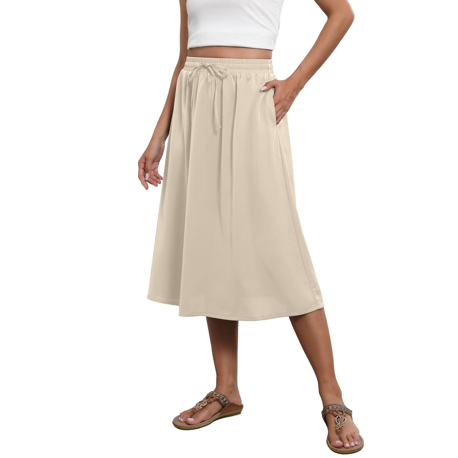 Xiaojmake Flowy Skirt Midi Length Elastic High Waist A-Line Skirts with Pockets Solid Drawstring Boho Skirt for Women