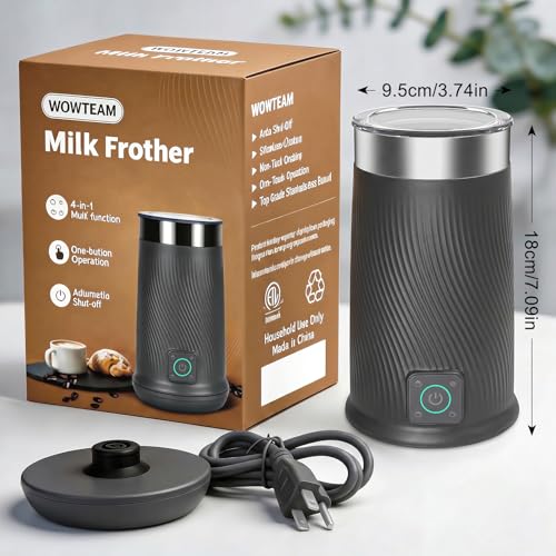 Image of Wowteam Milk Frother, 4-in-1 Electric Milk Steamer, Warm and Cold Milk Warmer and Foam Maker for Coffee, Latte, Cappuccinos, Macchiato, 8.2oz /240ml, Stainless Steel (Black)