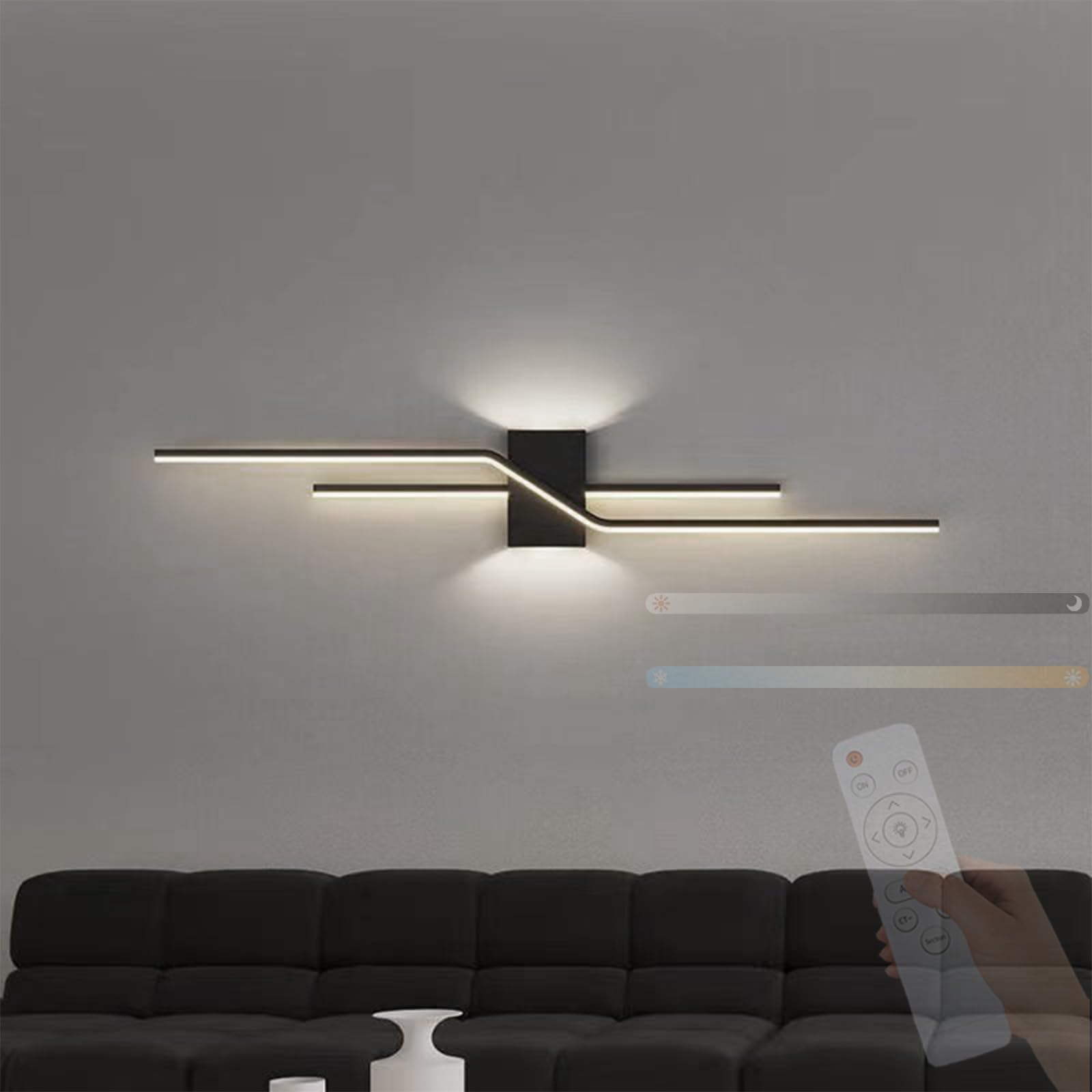 Czarna długa lampa ścienna LED z pilotem zdalnego sterowania, ściemnialne kinkiety ścienne 2700-6500K, nowoczesny minimalistyczny liniowy design, dekoracja wnętrz, stolik nocny, biuro, sypialnia
