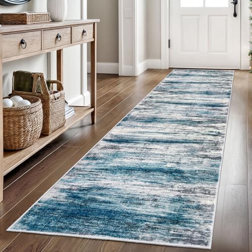 KOZYFLY Modern Abstract Hallway Runner Rug, 2.6x8 Washable Rug Runner Non-Slip Soft Striped Kitchen Runner Rugs, Print Distressed Light Blue Carpet Runner for Entryway Bathroom Laundry Room Foyer