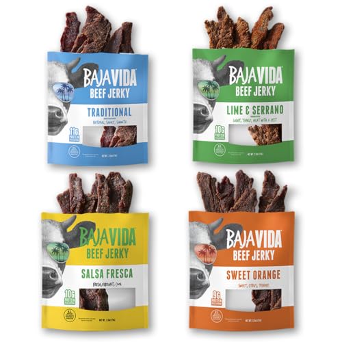 Baja Beef Jerky Sampler Pack - Beef Jerky Variety Pack, Gluten Free Craft Jerky, Protein Packed, Low Calorie, 100% All Natural Beef Jerky, No Nitrates or Hormones - 4-Pack Variety of 2.5 Oz Bags