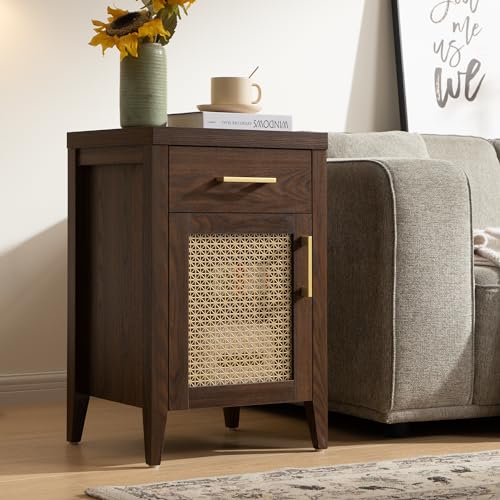 SICOTAS Tall Nightstands Set of 2 with Drawer, Mid Century Modern Wooden Night Stand Rustic Bedside Tables with Storage, Vintage End Tables with Metal Mesh Door for Bedroom, Espresso Walnut