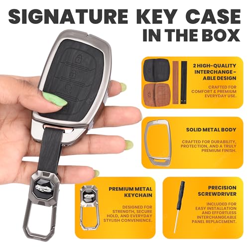 Image of Car Key Cover Compatible with Hyundai Alcazar and Creta Car 4-Button Smart Key (Dual Leather Metal (Black & Brown))