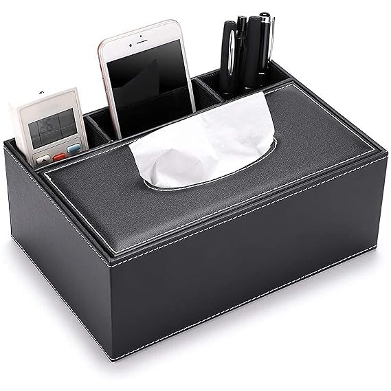 FIDEO 3-Compartment Desk Organizer with PU Leather Tissue Box Holder – Rectangular Remote Control & Phone Storage Case – 4-Compartment Leather Desk Tidy for Stationery & Accessories