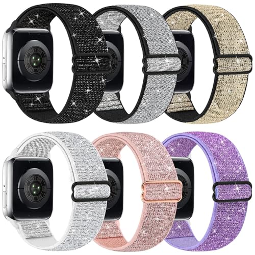 Bling Nylon Stretchy Bands Compatible With Apple Watch Bands 38mm 40mm 41mm For Women, Adjustable...