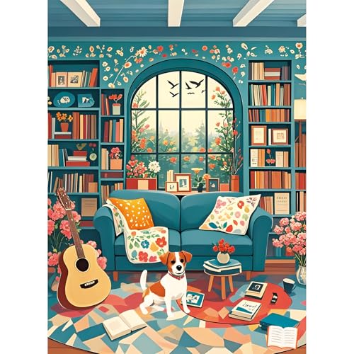 300 Piece Puzzle for Adults, Cozy Afternoon Jigsaw Puzzles, Vintage Living Room with Dog and Books 300 Piece Puzzle, Relaxing Family Activity for Kids and Adults, 20.5×15 in