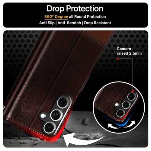 Image of FLIPPED Vegan Leather Flip Case Back Cover for Samsung Galaxy S25 5G (Flexible, Shock Proof | Hand Stitched Leather Finish | Card Pockets Wallet & Stand | Coffee with Brown)
