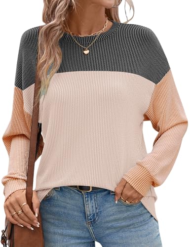 Ivicoer Womens Color Block Pullover Shirts Ribbed Long Sleeve Tops Fall Casual Loose Sweatshirts Fashion2