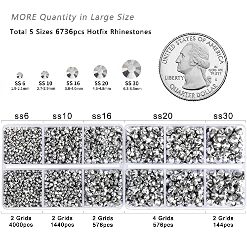 Image of 6736pcs Hotfix Rhinestones Flatback,Silver Rhinestones for Crafts Clothes Mixed 5 Sizes, Hotfix Crystals with Tweezers and Wax Pencil Kit, SS6-SS30,Silver Hematite