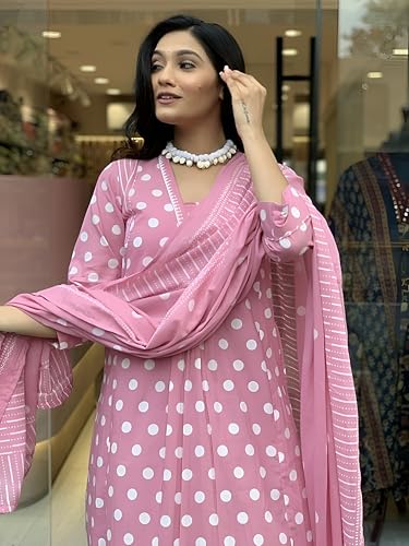 Image of Pinkmint Polka Dot Printed Anarkali Muslin Kurta Set with Striped Palazzo & Dupatta Set for Women Elgant Festive & Casual wear