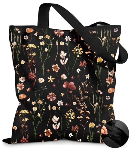 Miss Adola Canvas Tote Bag for Women – Aesthetic Canvas Bag with Zipper Cute Stylish Reusable Shoulder Totes for Shopping Work Daily Vacation, Black Grow Flower