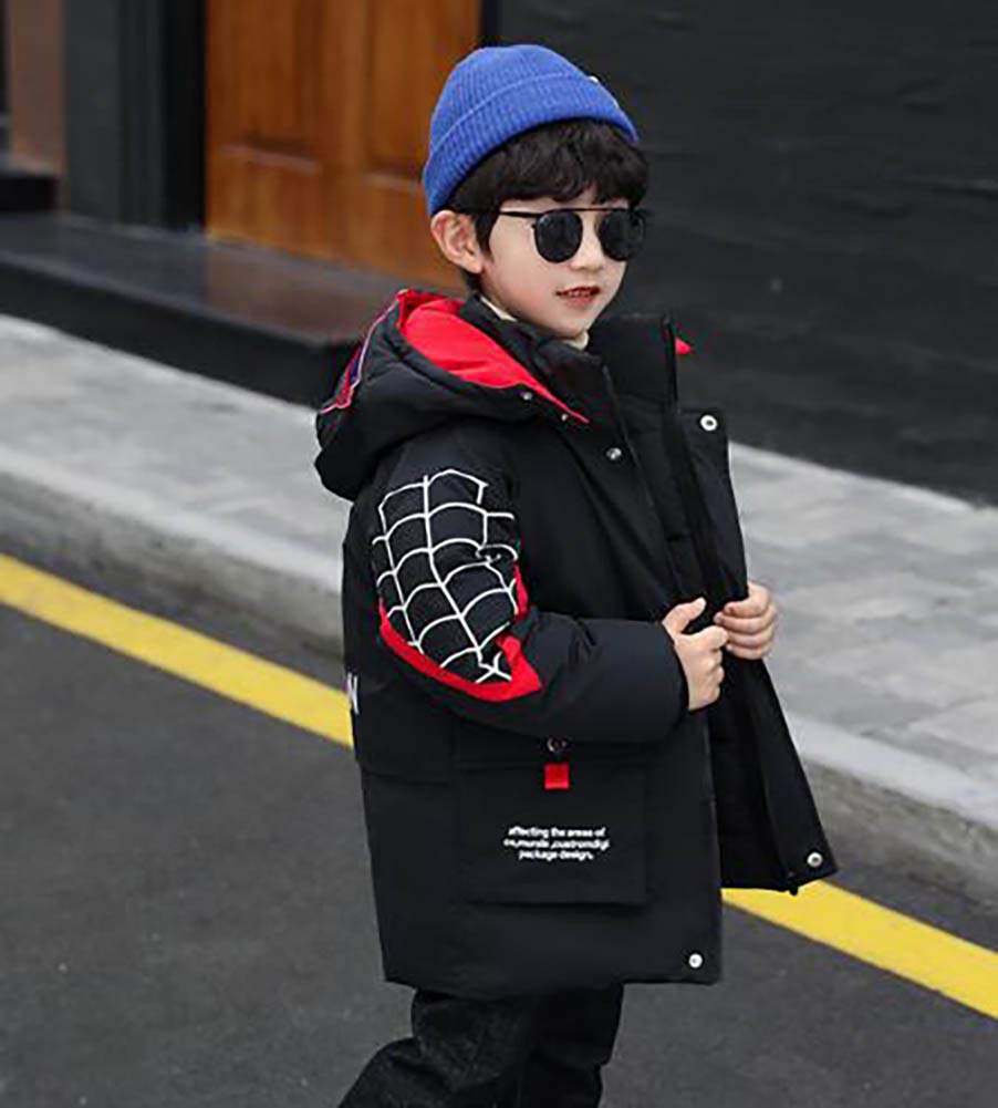 Manteau Garçon Hiver Mi-Longue Coton Araignée Veste à Capuche - Taille 130 CM - Noir/rouge