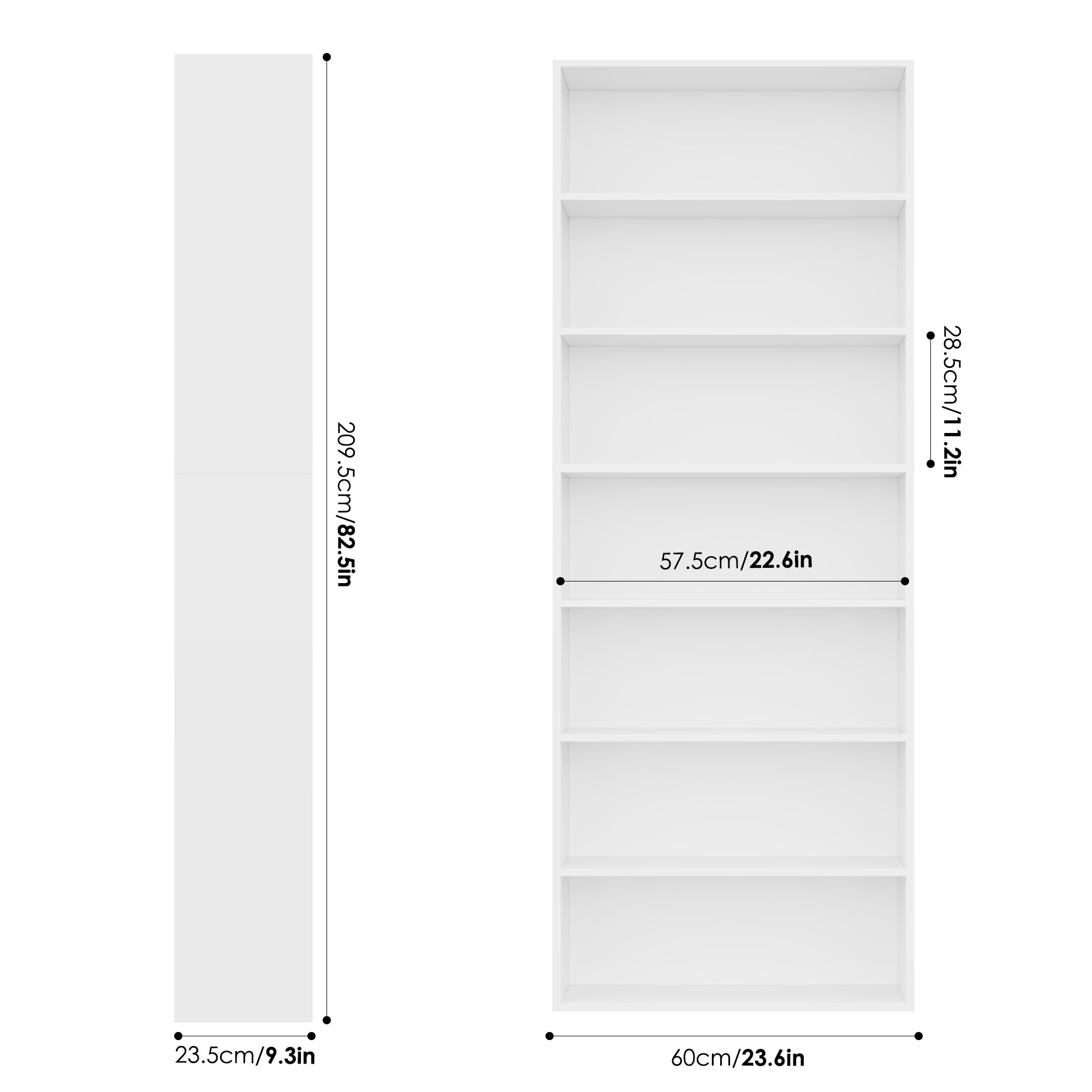 FirFurd Bücherregal mit 7 Fächern, Standregal, 209,5 x 60 x 23,5 cm, weiß