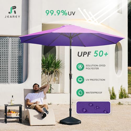 Image of JEAREY 9FT Outdoor Patio Umbrella Outdoor Table Umbrella with Push Button Tilt and Crank, Market Umbrella 8 Sturdy Ribs UV Protection Waterproof for Garden, Deck, Backyard, Pool (Dark Purple)
