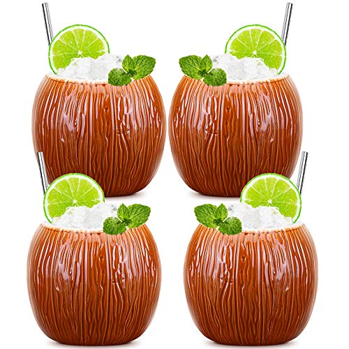 Tiki Mugs – Lot de 4 tasses en céramique en forme de noix de coco en forme de tasse hawaïenne Creative Designs mignons verres à cocktail