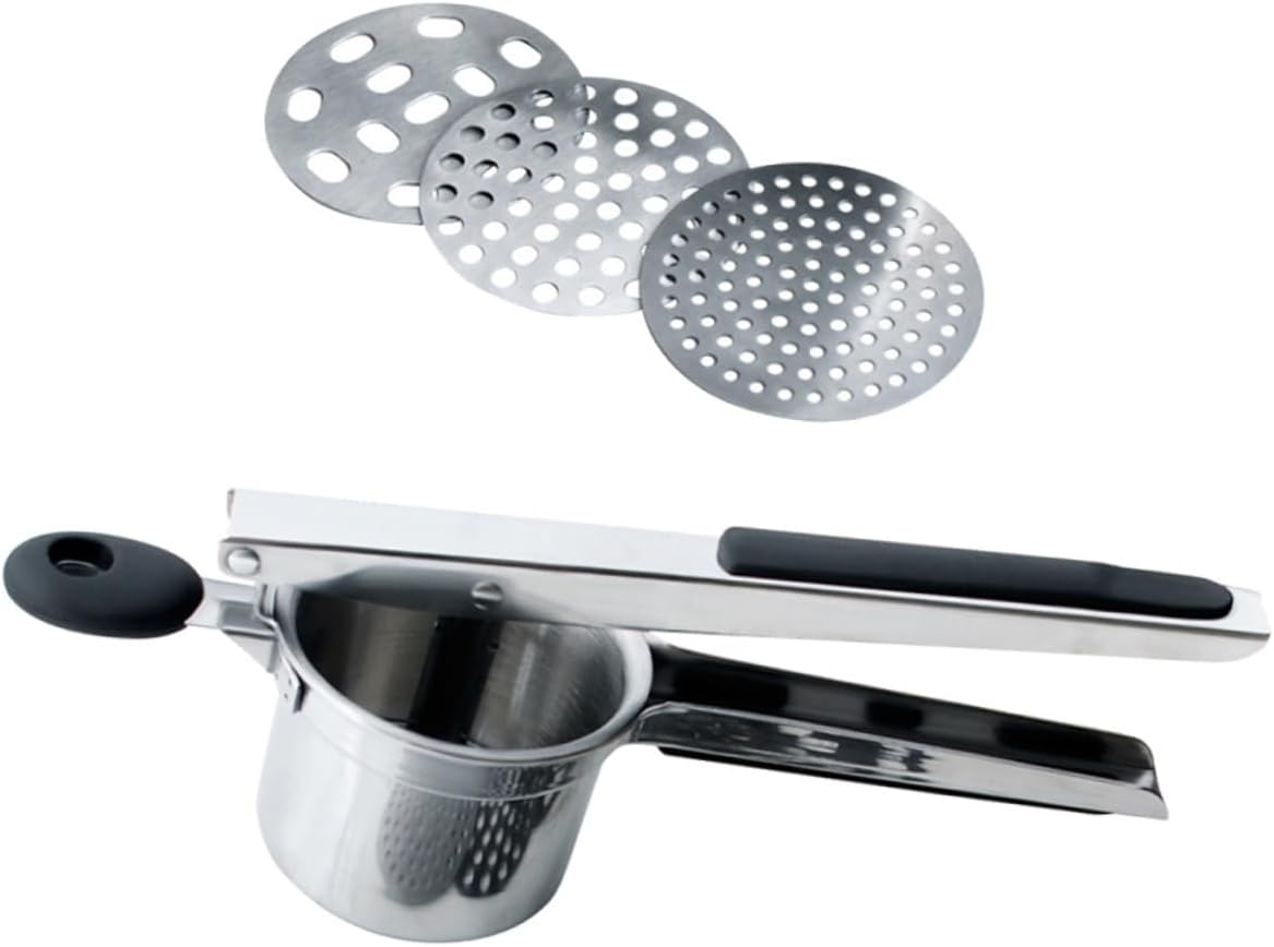PRETYZOOM Non- Silicone Handle Food Pressing Tool for Potatoes Vegetables and Fruits Potato Interchangeable Disks for Purees