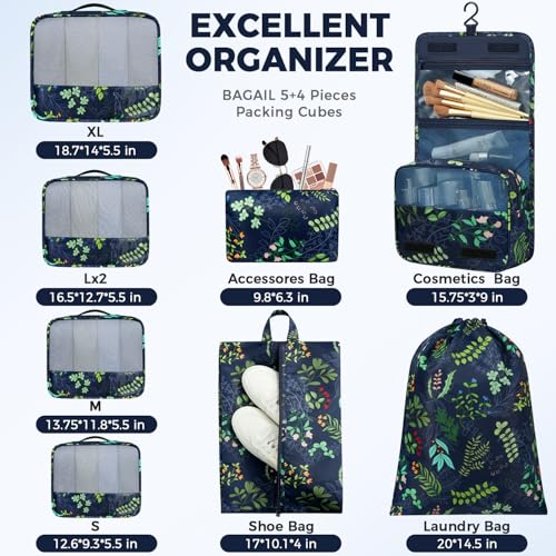 Image of BAGAIL 9 Set Packing Cubes with Packing List Luggage Packing Organizers for Travel Accessories (Navy leaf)