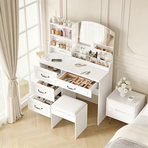 Image of Vabches Vanity Desk with Mirror and Lights,3 Lighting Colors Makeup Dresser