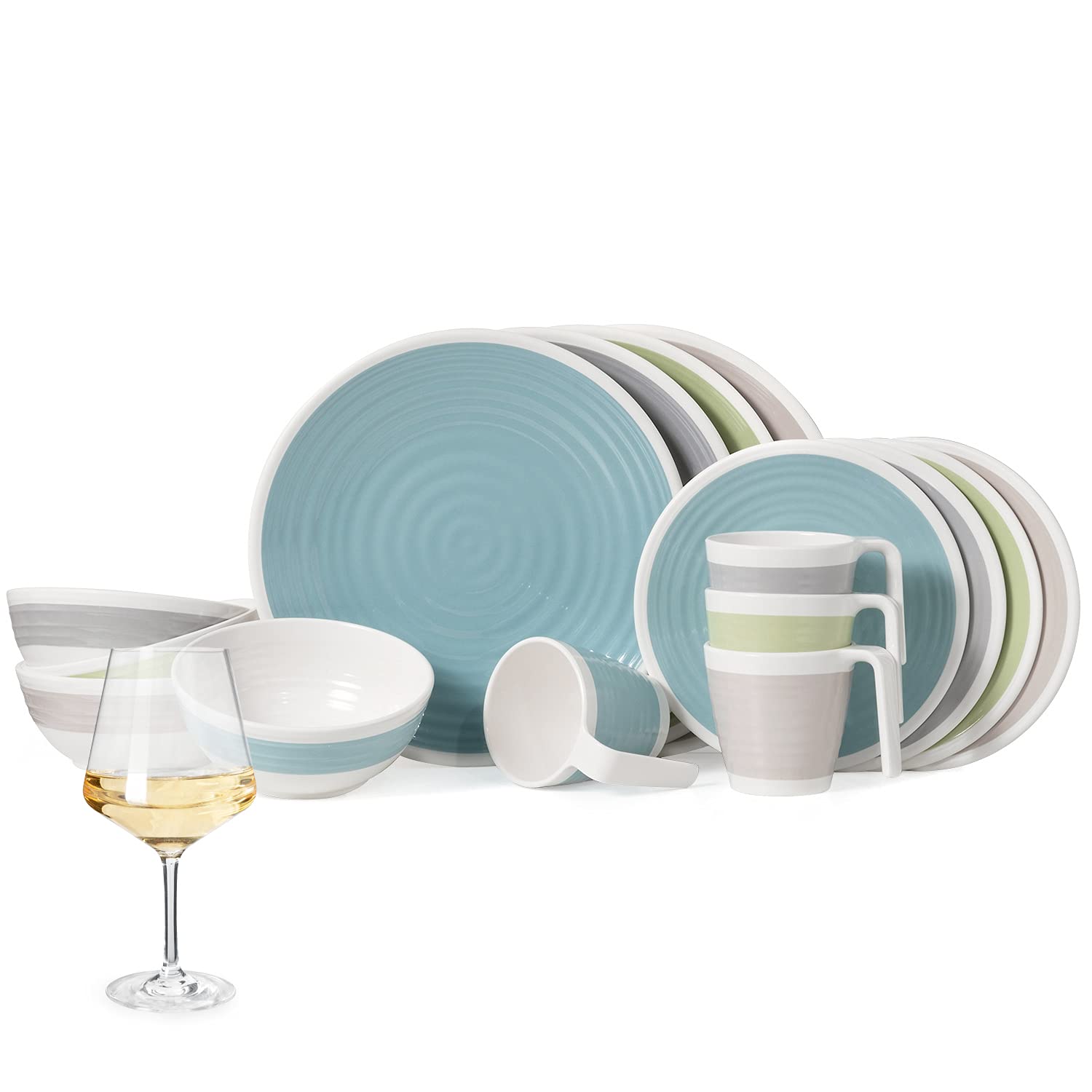 Juego de vajilla de melamina para camping (4 personas, 16 piezas y 4 copas de vino Milano), color blanco