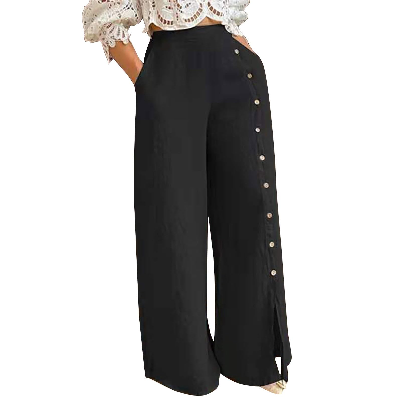 YOLAI Women Temperament Solid Button Down Pant High Waist Wide Leg Casual Pants Business Work Trousers with Pockets
