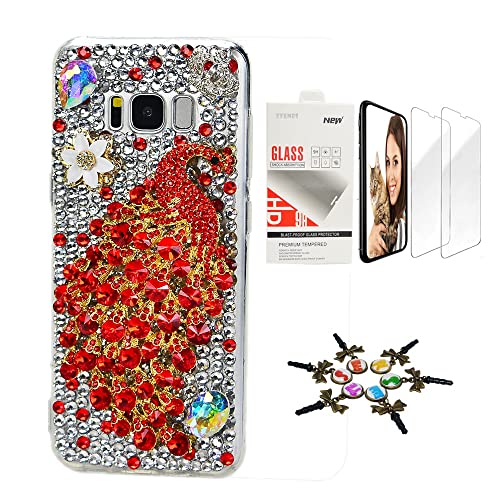 STENES Sparkle Case Compatible with Samsung Galaxy A42 5G Case - Stylish - 3D Handmade Bling Luxury Peacock Flowers Design Cover Case with Screen Protector [2 Pack] - Red