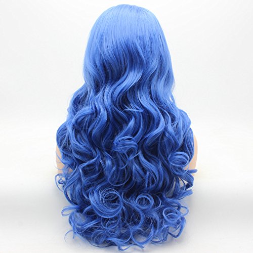 Miniatura 4 de Meiyite pelo ondulado largo 26 pulgadas azul grueso densidad pesada realista sintético Encaje frente Pelucas