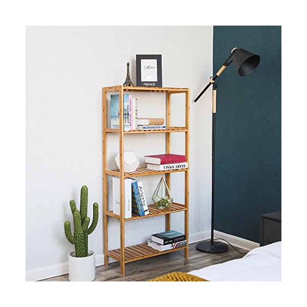 SONGMICS BCB35Y Bathroom Kitchen Storage Bamboo 5 Shelves Adjustable Floor Height Flower Stand Book Shelf Natural, 60 x 26 x 130 cm – Bild 3