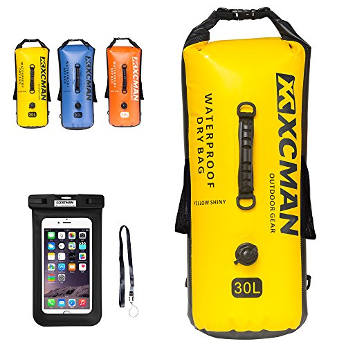 xcman impermeable bolsa seco bolsa Bonus para paseos en bote, Camping y Kayak  seca saco impermeable 30L  con válvula de aire y doble correas de hombro, 30L SHINY YELLOW