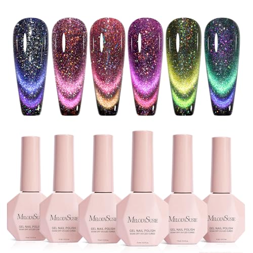 Image of MelodySusie Chameleon Cat Eye Gel Nail Polish Set 6 PCS, 15ml 0.5 Fl Oz Nude Pink Silver Glitter Holographic Magnetic Nail Polish with Magnet, UV Nail Polish for Nail Art Manicure Salon DIY at Home