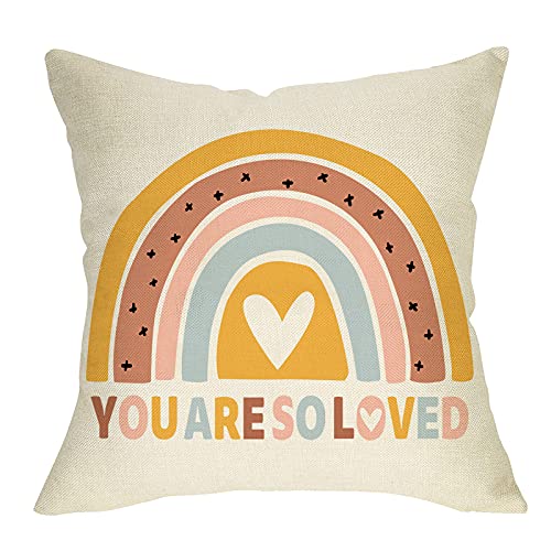Image of Boho Rainbow Home Decorative Throw Pillow Cover, You are So Loved Inspirational Quote Heart Cushion Case 18x18 for Girls Kids Bedroom Nursery Decor Bohemian Neutral Baby Shower Decoration Gifts