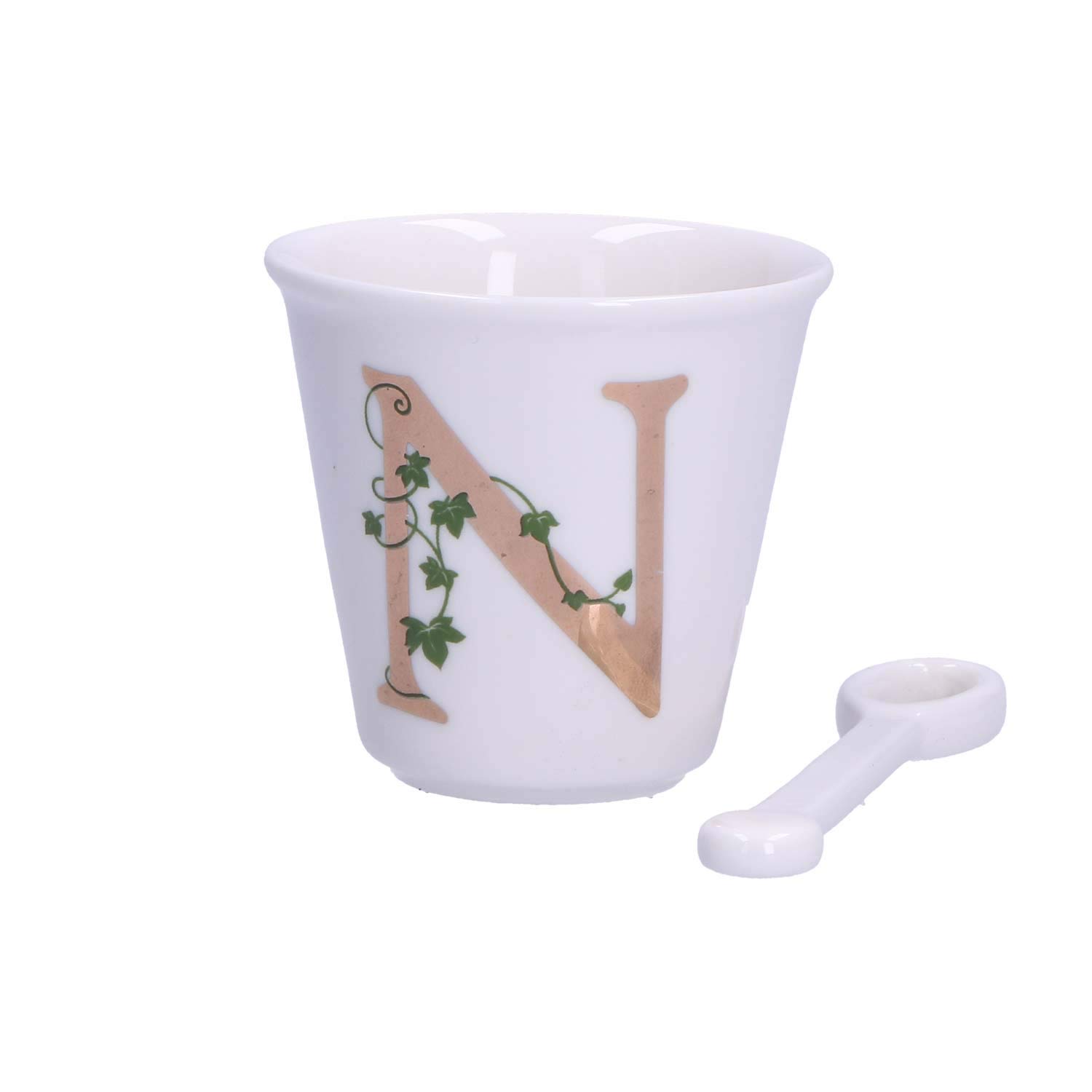 La Porcellana Bianca - Letter N Cup with Spoon - Home Furniture, Kitchen - Unique Line - Gift Idea - Porcelain - 75 CC; Diameter 6.7; H 6 cm