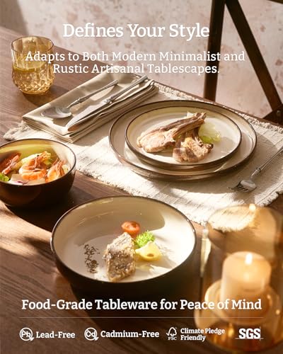 Image of Famiware Milkyway Stoneware Dinnerware Set, 24-Piece, Double Reactive Glaze, Plates and Bowls, Service for 8, Microwave and Dishwasher Safe, Scratch-Resistant, Light khaki & Cocoa