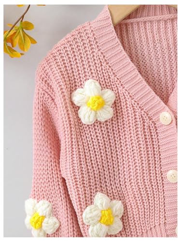 WDIRARA Girl's Cute Open Front Button Down Cardigans Long Sleeve Floral Flower Applique Knit Sweaters4