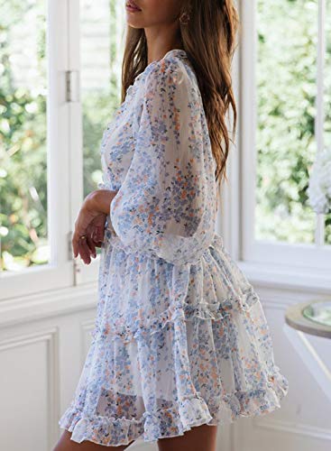 Dokotoo Womens Sun Casual V Neckline Long Sleeve Open Back Floral Print Mini Dress Bohemian Fashion Skater A Line Ruffle Hem Flowy Dresses White Large